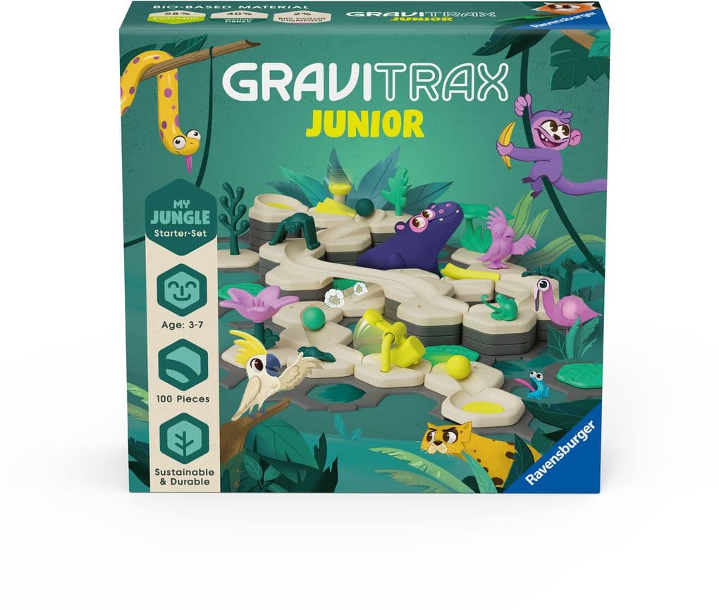 Ravensburger GraviTrax Junior Starter-Set L Jungle -Erweiterbare Kugelbahn für Kinder, Murmelbahn überwiegend aus nachwachsenden Rohstoffen mit Themenwelten, Lernspielzeug & Konstruktionsspielzeug ab 3 Jahren