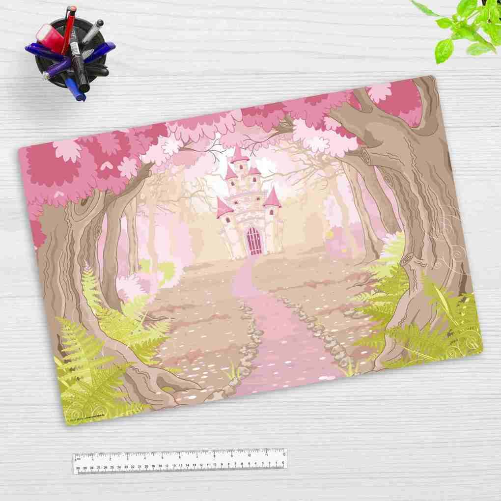 Cover-your-desk Schreibtischunterlage für Kinder und Erwachsene Märchenschloss im rosa Zauberwald, aus hochwertigem Vinyl , 60 x 40 cm