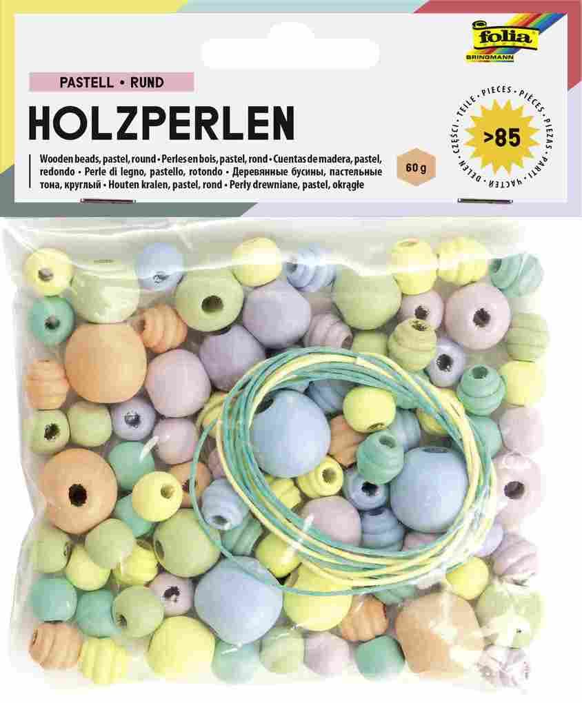 Folia Holzperlen PASTELL RUND, 50g/>85 Teile & 2x Schnüre à 85cm