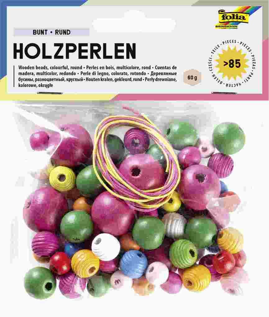 Folia Holzperlen BUNT RUND, 60g/>85 Teile & 2x Schnüre à 85cm