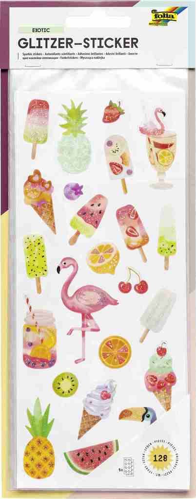 Folia Glitzer-Sticker EXOTIC, ca.10x23cm, 5 Blatt sortiert, 128 Sticker