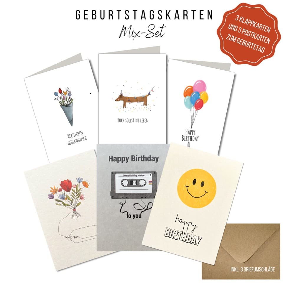 KEITCARDS Geburtstagskarten mixed Set - 3 Postkarten und 3 Klappkarten