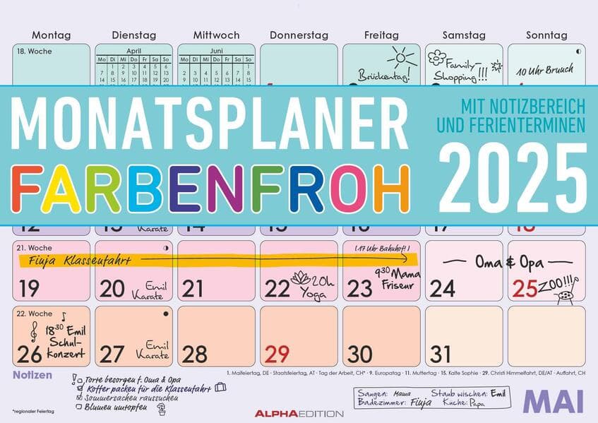 Alpha Edition - Monatsterminkalender Farbenfroh 2025, 29,7x21cm, Kalender mit Monatsübersicht, Platz für Notizen und Termine, Ferientermine DE/AT/CH und deutsches Kalendarium