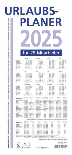 Urlaubsplaner 2025 100x29,7 - 16 Monate- Wandplaner - gefalzt - für 25 Personen - 992-0000