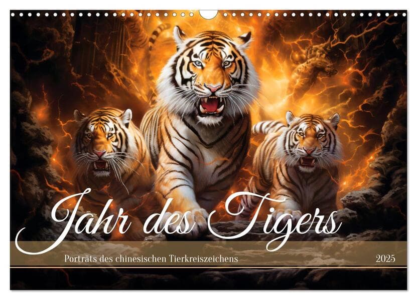 Jahr des Tigers - Porträts des chinesischen Tierkreiszeichens (Wandkalender 2025 DIN A3 quer), CALVENDO Monatskalender