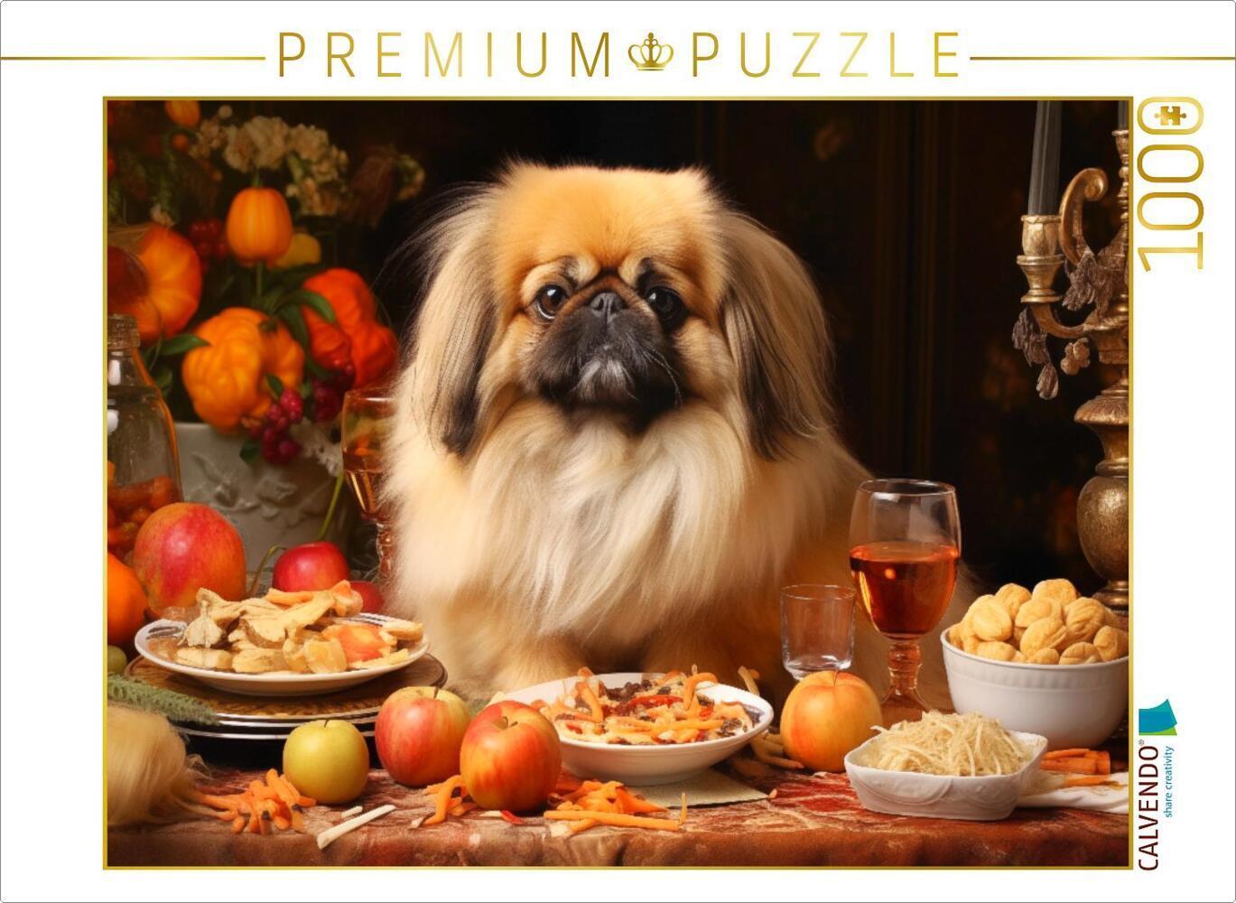 CALVENDO Puzzle Lieblicher Pekinese am herbstlich gedeckten Tisch | 1000 Teile Lege-Größe 64x48cm Fo