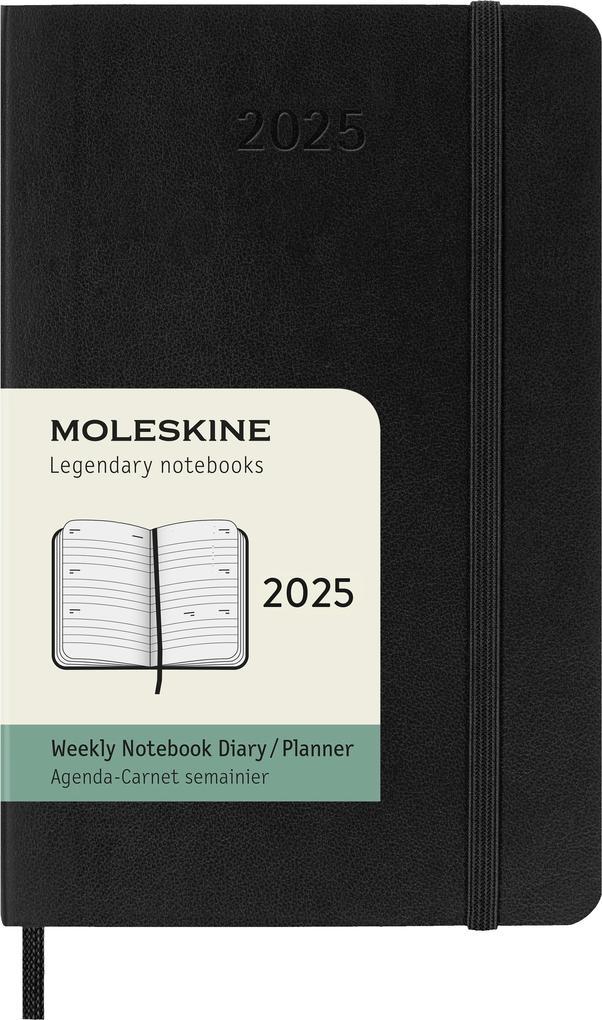 Moleskine 12 Monate Wochenkalender 2025, Pocket/A6, 1 Wo = 2 Seiten, horizontal, Weicher Einband, Schwarz