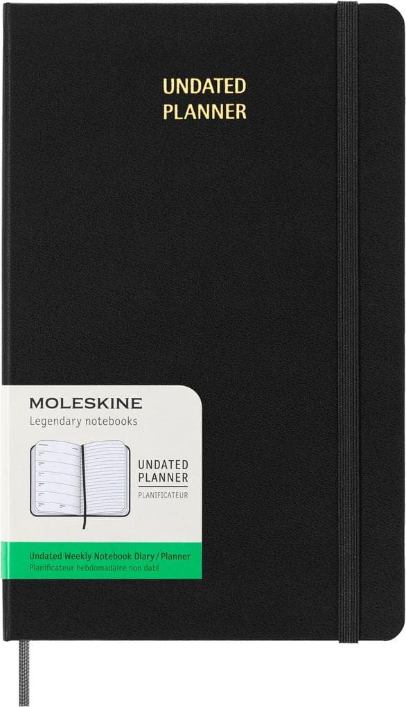 Moleskine undatierter Wochen Notizkalender, L/A5, 1 Wo = 1 Seite, Rechts linierte Seite, Fester Einband mit Textprägung gold, Schwarz