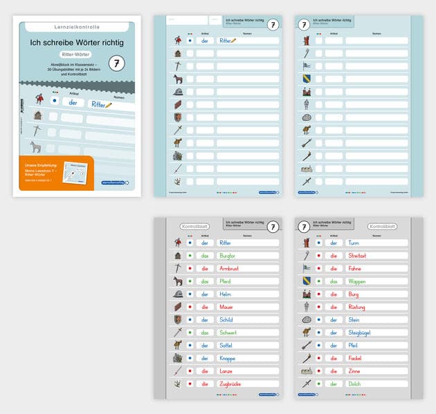Ich schreibe Wörter richtig - Abreißblock 7 - Lernzielkontrolle - Ritter-Wörter