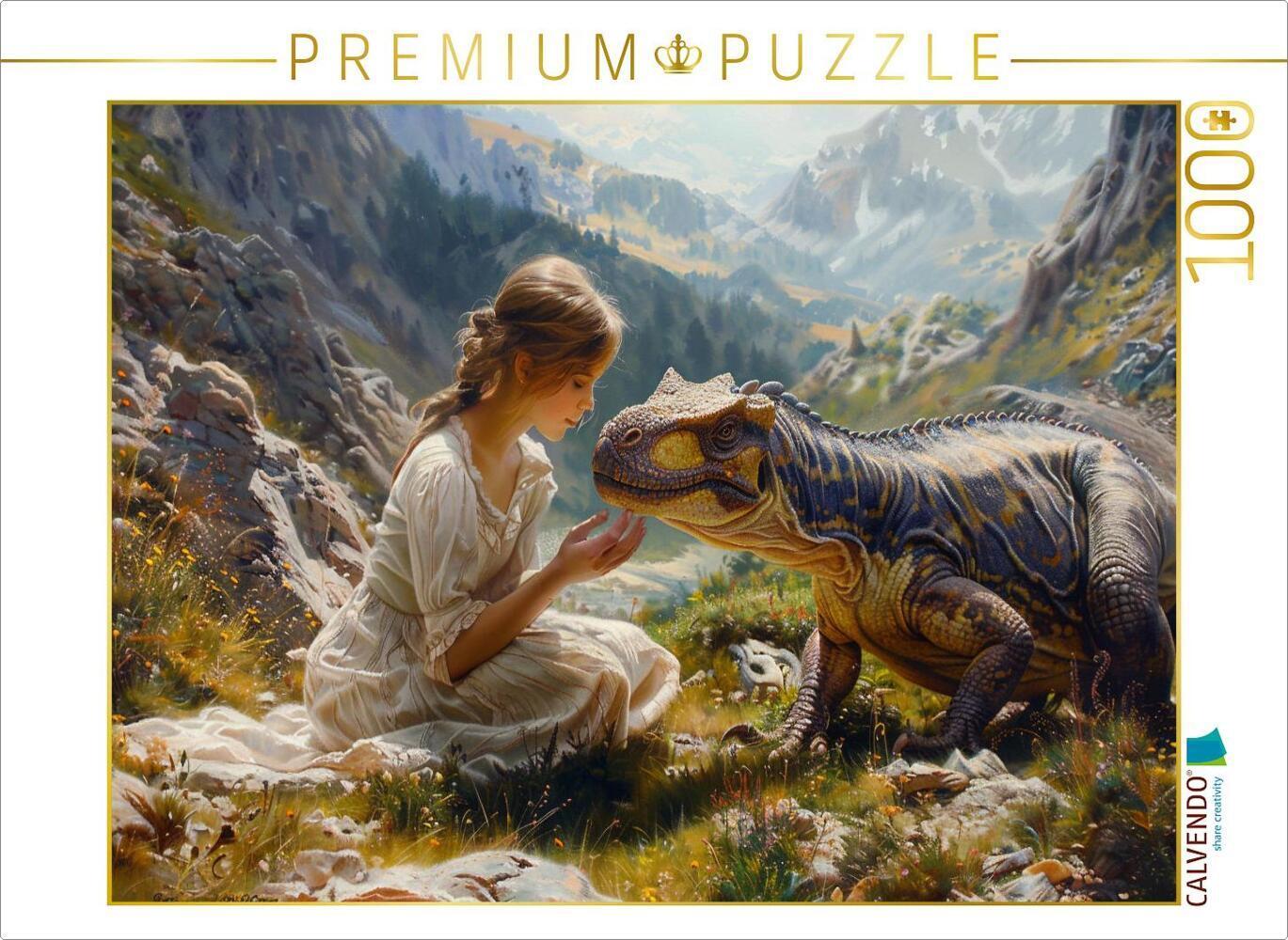 CALVENDO Puzzle Streicheleinheiten - junge Frau und Dinosaurier | 1000 Teile Lege-Größe 64x48cm Foto