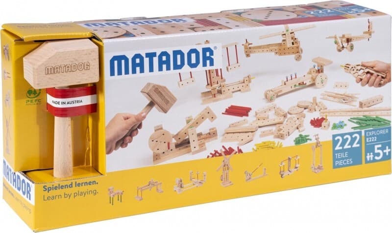 MATADOR 11222 - Explorer E222, Baukasten, Holz, 222 Teile, Konstruktionsbaukasten, ab 5 Jahren, Spielend lernen!