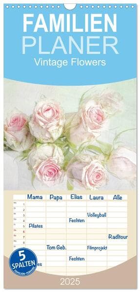 Familienplaner 2025 - Vintage Flowers mit 5 Spalten (Wandkalender, 21 x 45 cm) CALVENDO