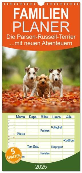 Familienplaner 2025 - Die Parson-Russell-Terrier ...mit neuen Abenteuern aus der Hundeknipserei mit 5 Spalten (Wandkalender, 21 x 45 cm) CALVENDO