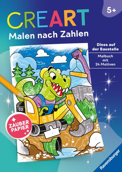 CreArt Malen nach Zahlen - Zauberpapier: Dinos auf der Baustelle