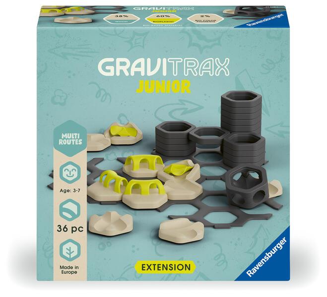 Ravensburger GraviTrax Junior Extension Multi Routes - Erweiterbare Kugelbahn für Kinder, Murmelbahn überwiegend aus nachwachsenden Rohstoffen mit Themenwelten, Konstruktionsspielzeug ab 3 Jahren