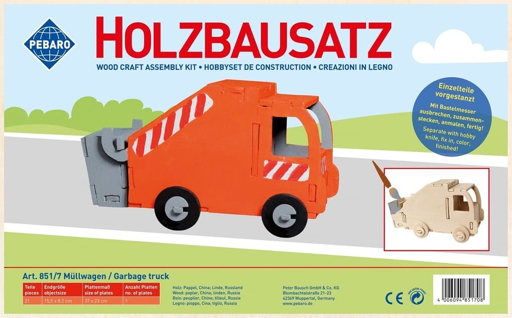 PEBARO 851/7 - Holzbausatz Müllwagen, 21 Teile, Holzkonstruktion zum Zusammenstecken