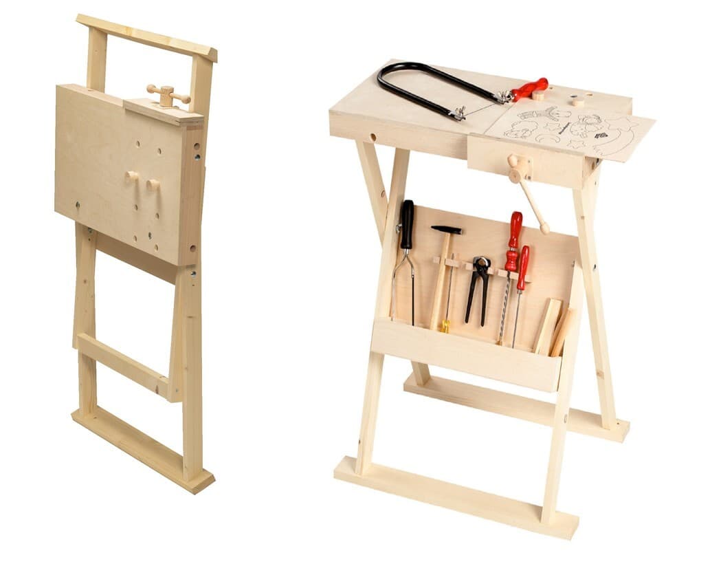 PEBARO 487 - Klappbare Werkbank aus Holz für Kinder, höhenverstellbar bis 74 cm, Platte 30x75 cm