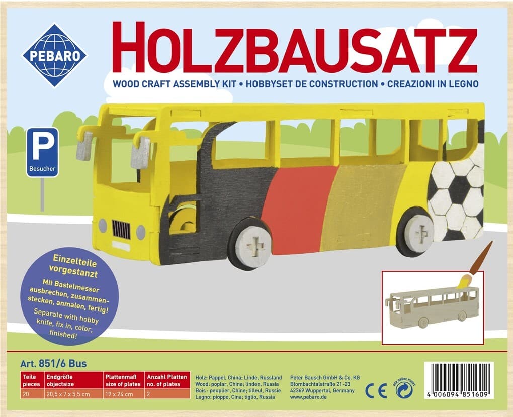 PEBARO 851/6 - Holzbausatz Bus, 20 Teile, Holzkonstruktion zum Zusammenstecken