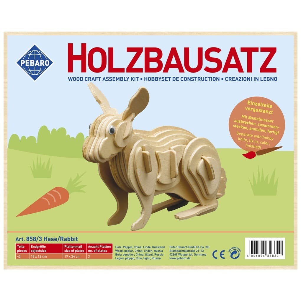 PEBARO 858/3 - Holzbausatz Hase, 43 Teile, Holzkonstruktion zum Zusammenstecken