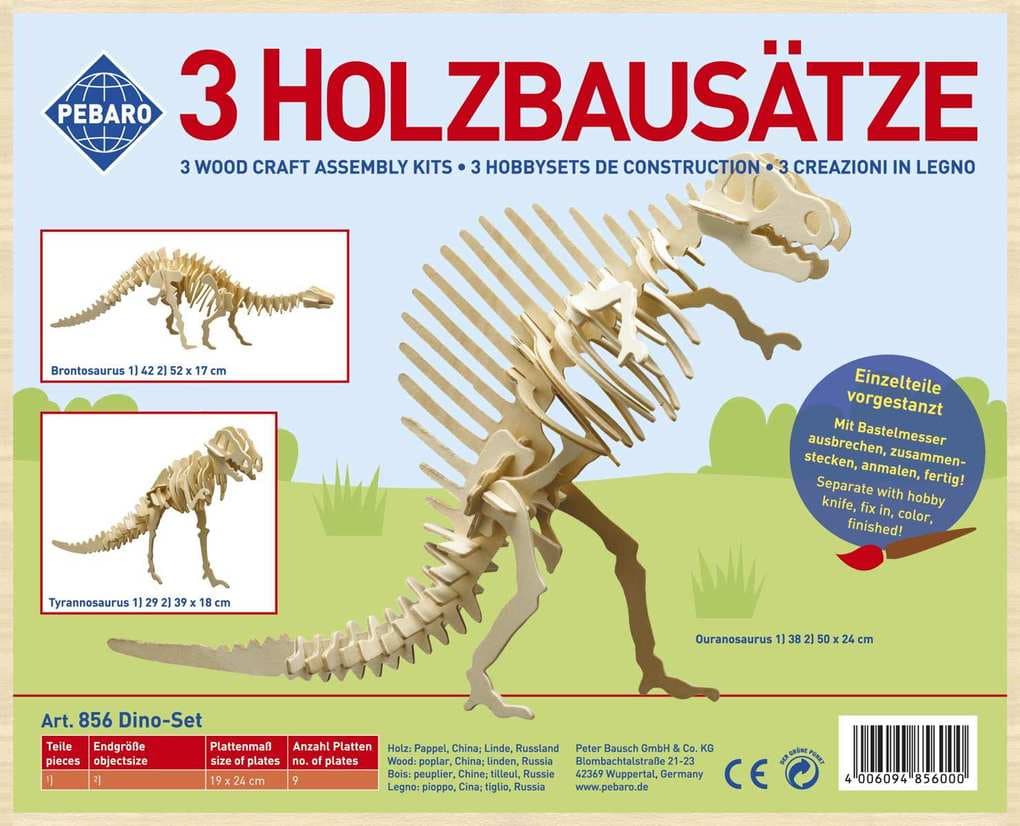 PEBARO 856 - Holzbausatz Dinosaurier-Set, Brontosaurus, Tyrannosaurus, Ouranosaurus, 3 Holzkontruktionen zum Zusammenstecken