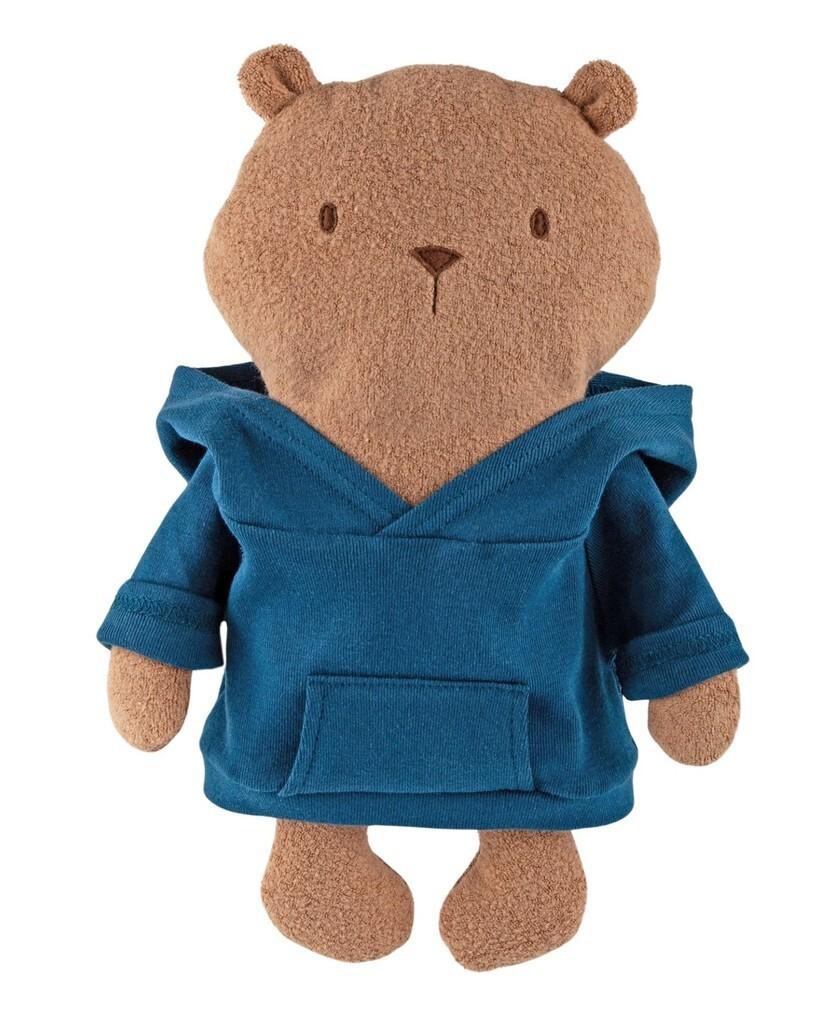 Sigikid 52933 - Kuschelfreunde Mister O'Lui, Biberbär mit blauem Hoodie, Teddyfleece-Stofffigur, ca. 34 cm