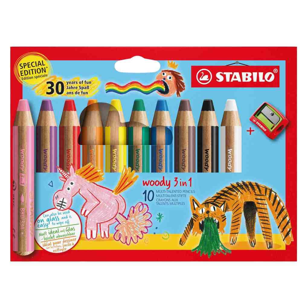 STABILO Buntstift Wasserfarbe & Wachsmalkreide woody 3 in 1, Jubiläumsedition, 10er Set + Spitzer, 10 Farben