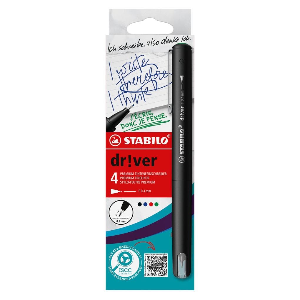 STABILO Premium-Fineliner dr!ver, 4er Set, grün, rot, blau, schwarz