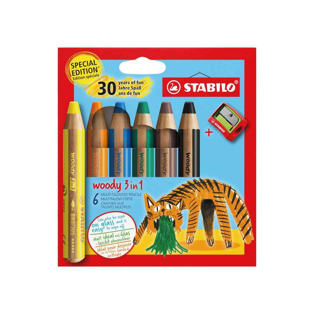 STABILO Buntstift Wasserfarbe & Wachsmalkreide woody 3 in 1, Jubiläumsedition, Tiger, 6er Set + Spitzer