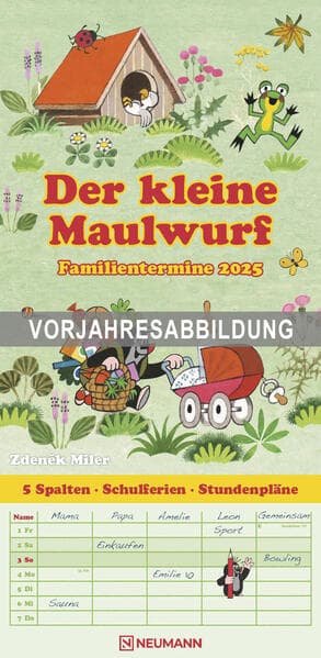 N NEUMANNVERLAGE - Der kleine Maulwurf 2026 Familienplaner, 22x45cm, Familienkalender mit 5 Spalten für Termine und Notizen, schöne Abbildungen, Stundenpläne, Schulferien und deutsches Kalendarium