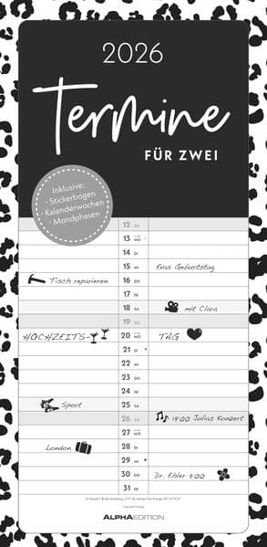 Termine für 2 Black and White 2026 Familienplaner - Timer - Termin-Planer - Couple-Kalender - Familien-Kalender - 22x45