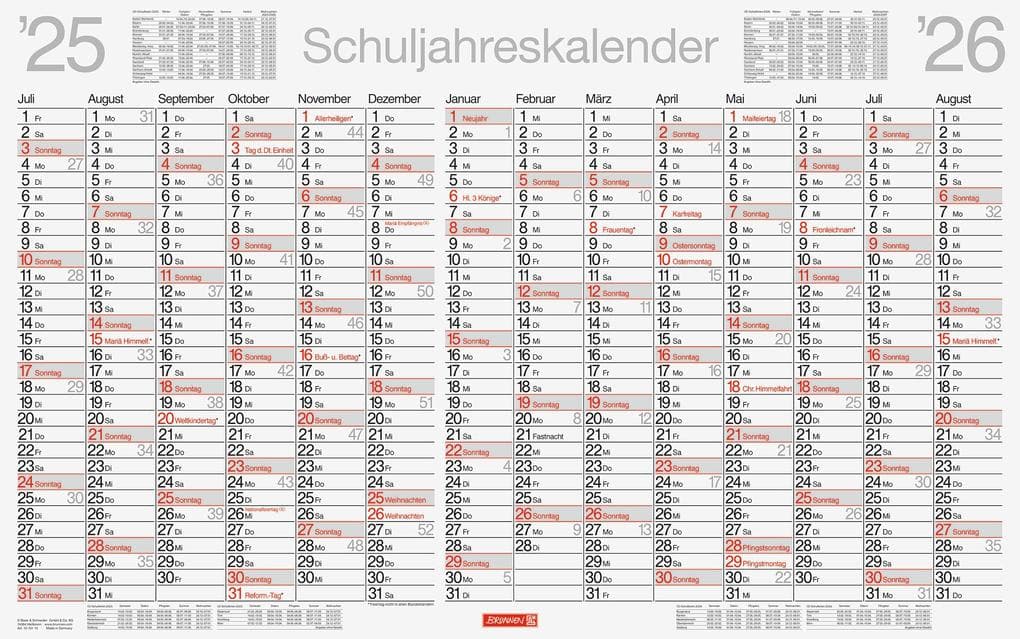 BRUNNEN Schuljahreskalender abwischbar (2025/2026), 1 Seite = 14 Monate