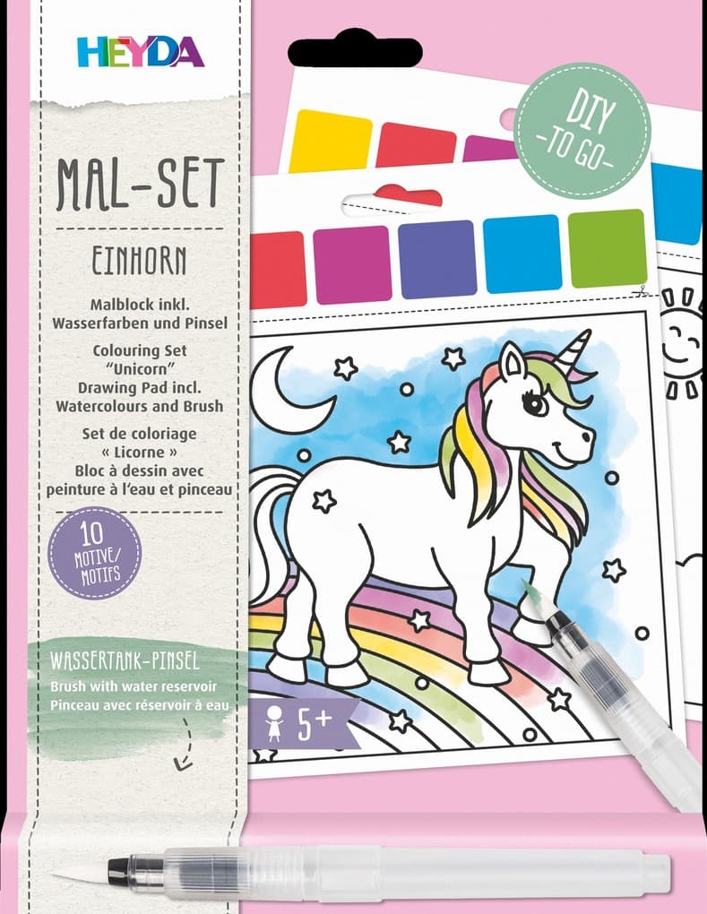 Heyda Mal Set Einhorn - Malblock inkl. Wasserfarben und Pinsel, 10 Motive