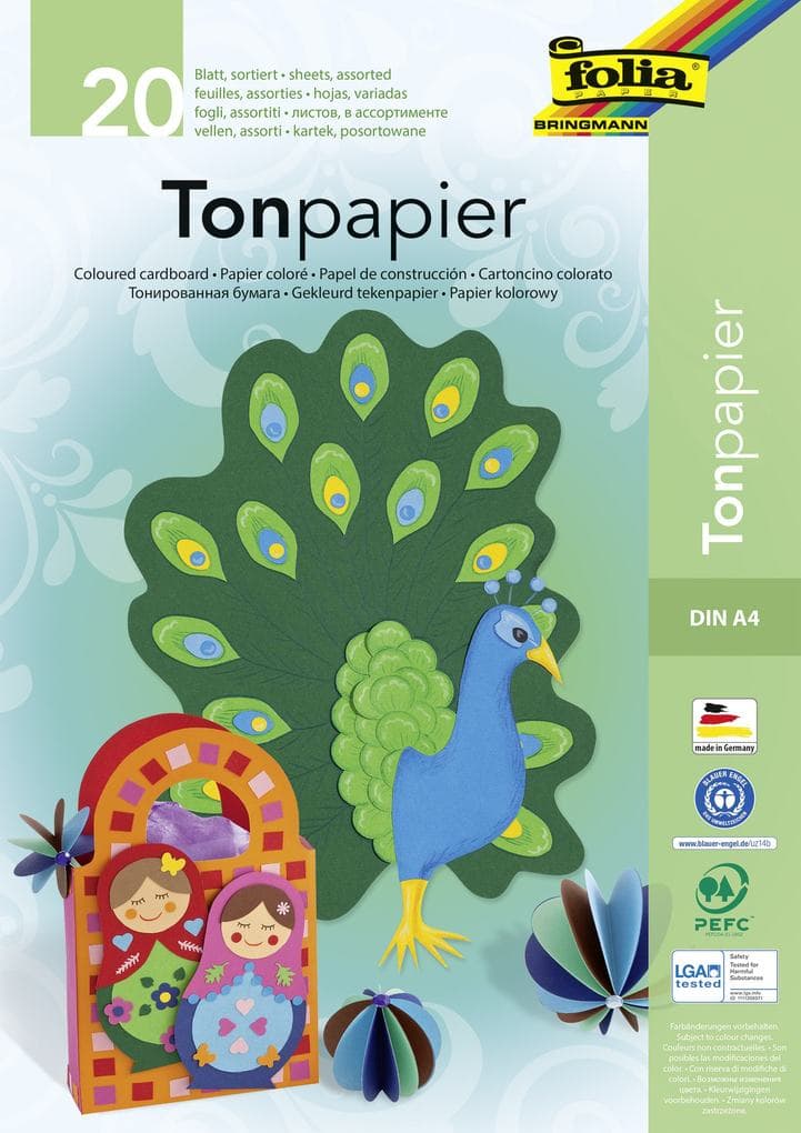 Folia Tonpapierblock 130g/m² DIN A4, 20 Blatt, 10-farbig sortiert
