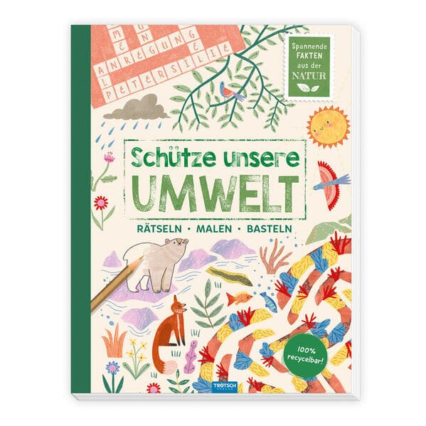 TRÖTSCH - Beschäftigungsbuch "Schütze unsere Umwelt-Tiere" | Recyclebares Kinderbuch mit Rätseln, Malvorlagen und Bastelideen. Kinderbuch mit spannendem Wissen über den Naturschutz | Ab 5 Jahren