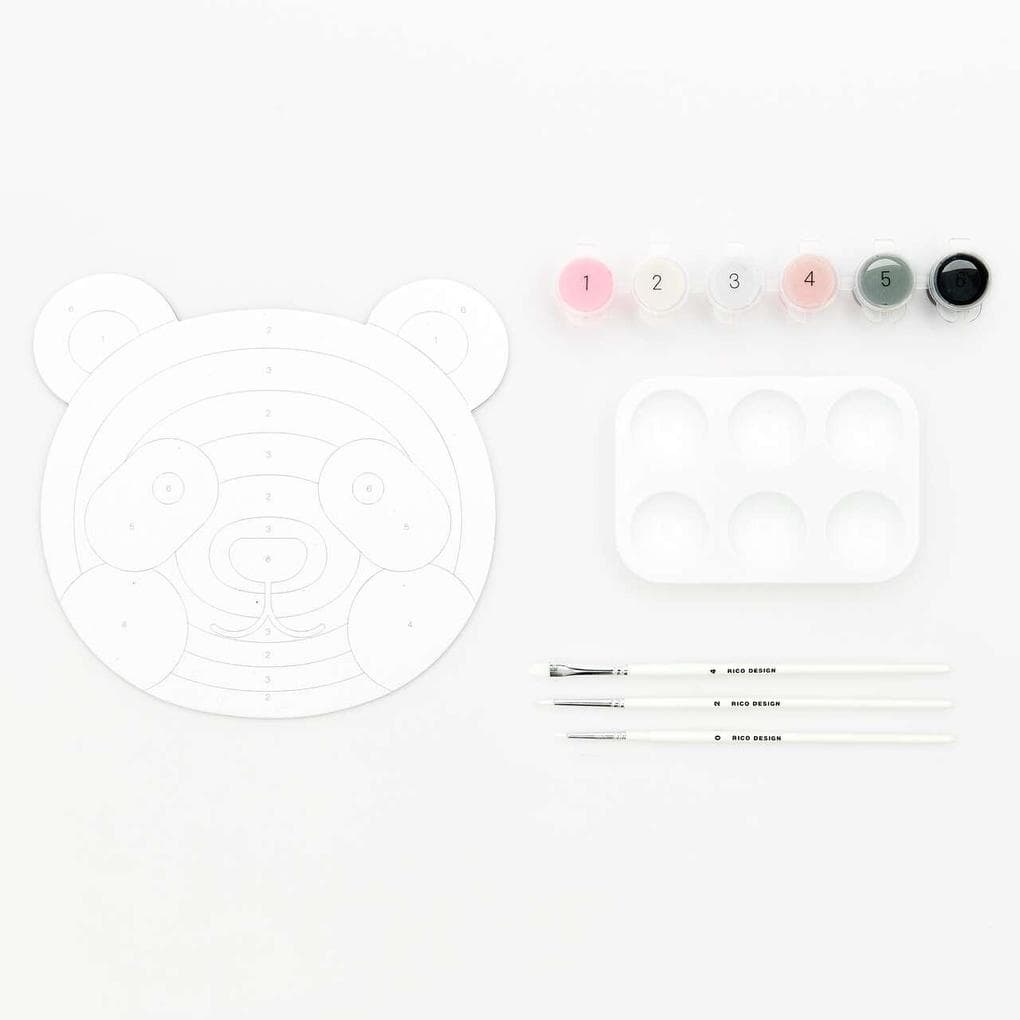 Malen nach Zahlen Set, Panda, FSC 100%, Inhalt: 1 Malkarton, 6 Acrylfarben für ein Motiv, 3 Pinsel, 1 Malpalette