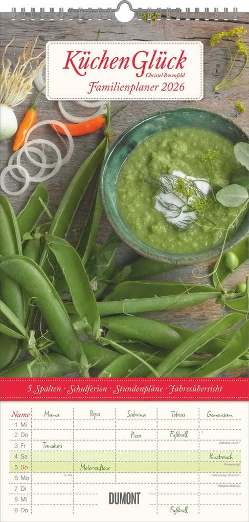 Familienplaner Küchenglück 2026 - Familien-Timer 22x45 cm - mit Ferienterminen - 5 Spalten