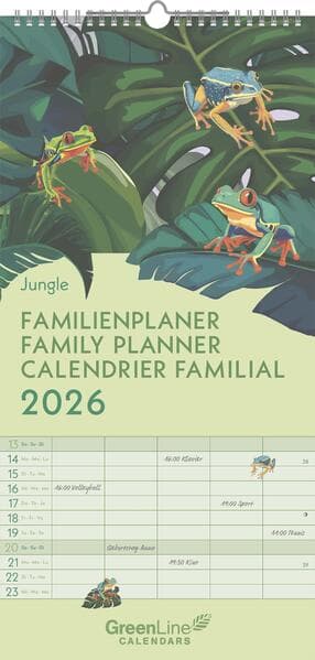 GreenLine - Jungle 2026 - Familienplaner 22x45 cm, nachhaltiger Wandkalender mit 5 Spalten, exotisch