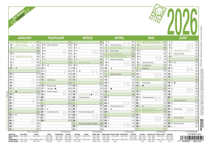Zettler Arbeitstagekalender A5 Blauer Engel 2026 - Bürokalender 21 × 15 cm, 6 Monate pro Seite, Arbe