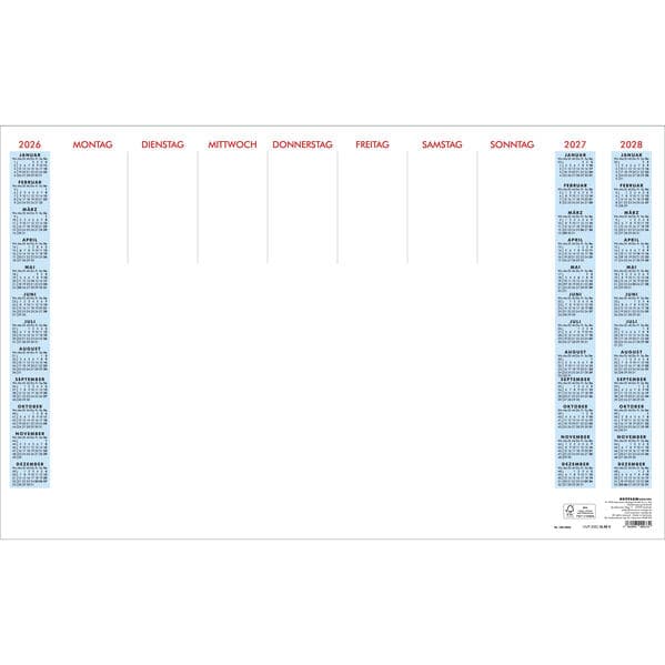 Zettler Schreibunterlage ohne Schutzleiste 2026 - Schreibtischunterlage 60 × 37 cm, Wochenplaner und