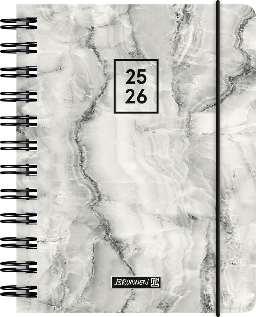 BRUNNEN Schülerkalender (2025/2026) "Grey Marble", 1 Seite = 1 Tag, A6, 352 Seiten, PP-Umschlag, grau