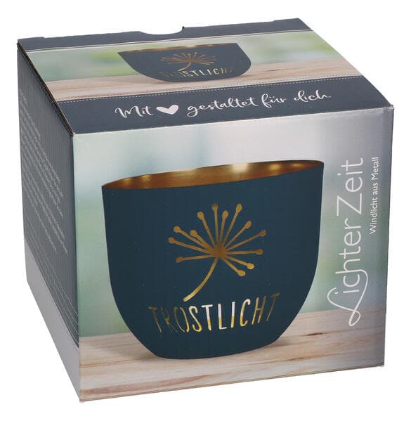 Butzon & Bercker Windlicht aus Metall Ø 9,2 cm - Metallwindlicht in dunkelgrau-matt, durchbrochenes Trost-Motiv, innen goldveredelt, in Geschenkverpackung