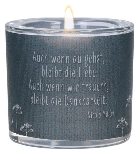 Butzon & Bercker Glaswindlicht zur Trauer Ø 6,5 cm - mundgeblasenes Windlicht mit farbig bedrucktem Pergamentumleger, Lieferung in grüner Geschenkverpackung mit weißem Teelicht