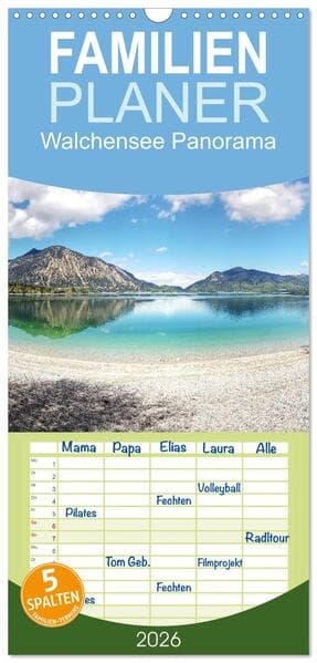 Familienplaner 2026 - Walchensee Panorama mit 5 Spalten (Wandkalender, 21 x 45 cm) CALVENDO