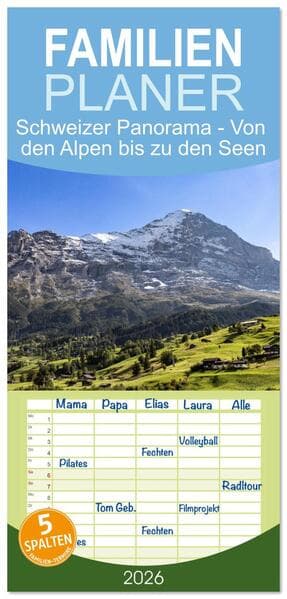 Familienplaner 2026 - Schweizer Panorama - Von den Alpen bis zu den Seen mit 5 Spalten (Wandkalender, 21 x 45 cm) CALVENDO