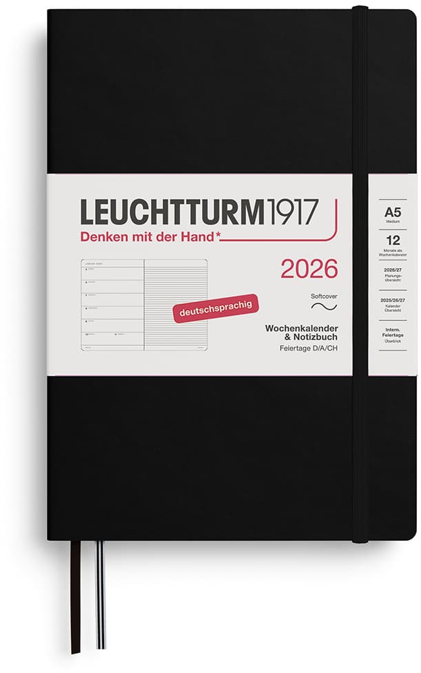 Wochenkalender und Notizbuch Medium (A5) 2026, Softcover, Schwarz, Deutsch