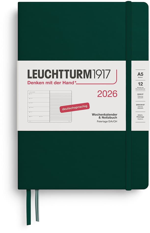 Wochenkalender und Notizbuch Medium (A5) 2026, Forest Green, Deutsch