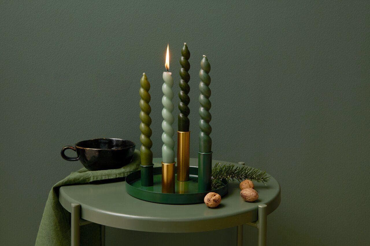 Metalltablett mit 4 Kerzenhaltern, Grün-Gold