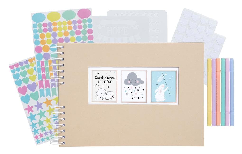 Scrapbooking-Set, Fotoalbum mit Spiralbindung, 50 Seiten weiß, 32x22 cm + Stifte, Sticker, Schablonen, Fotoecken