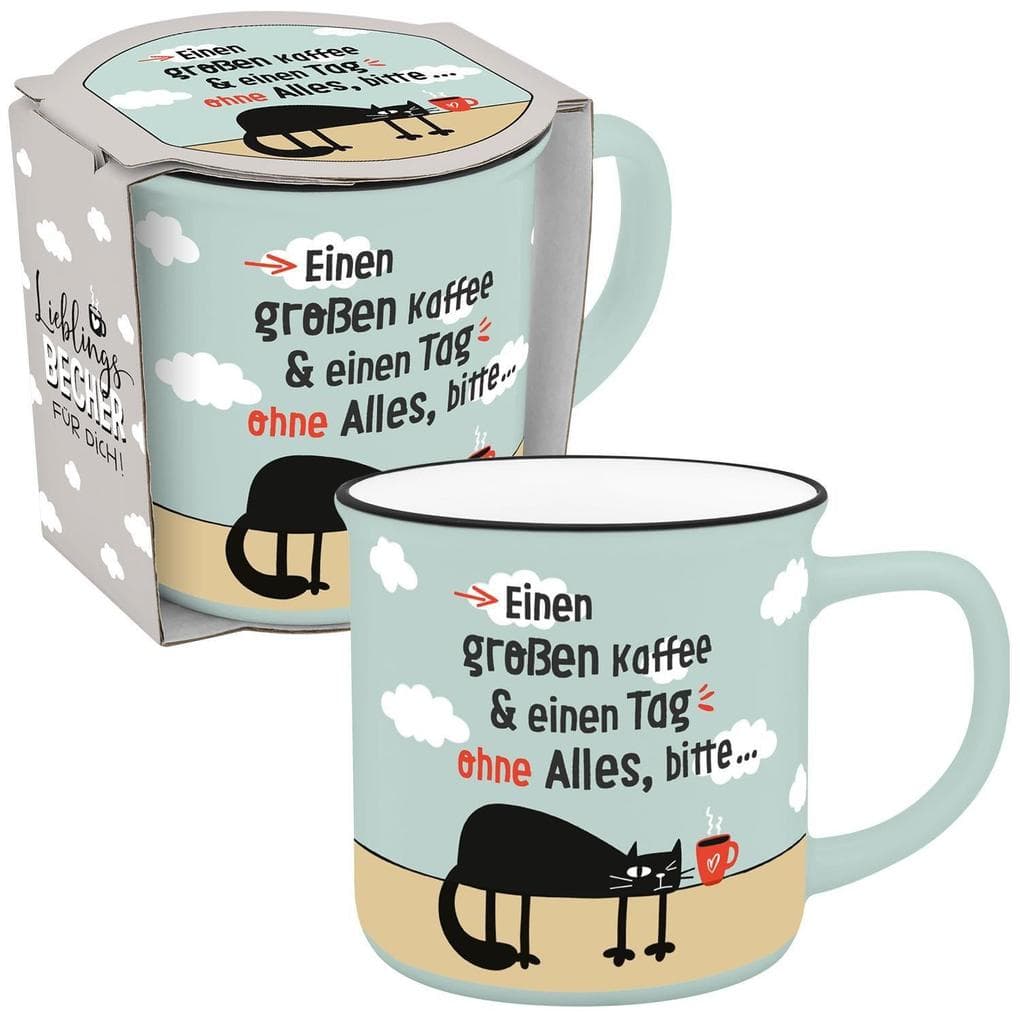Becher in Emailloptik "Einen großen Kaffee & einen Tag ohne Alles, bitte..."