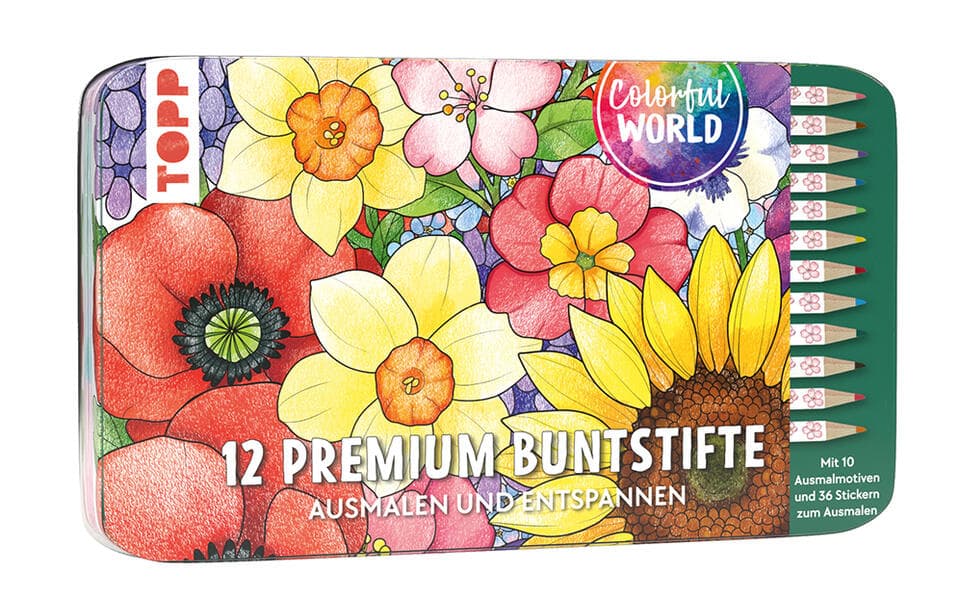 Colorful World Designdose mit 12 Buntstiften